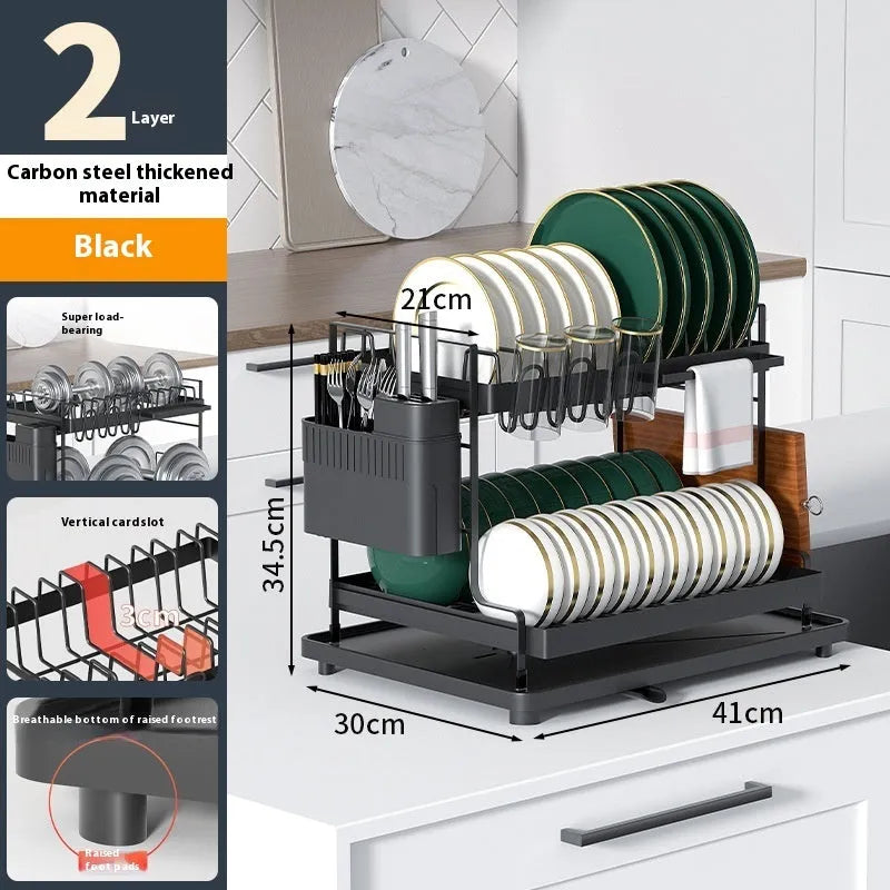 White double-layer kitchen draining rack with a removable top shelf for dish drying.