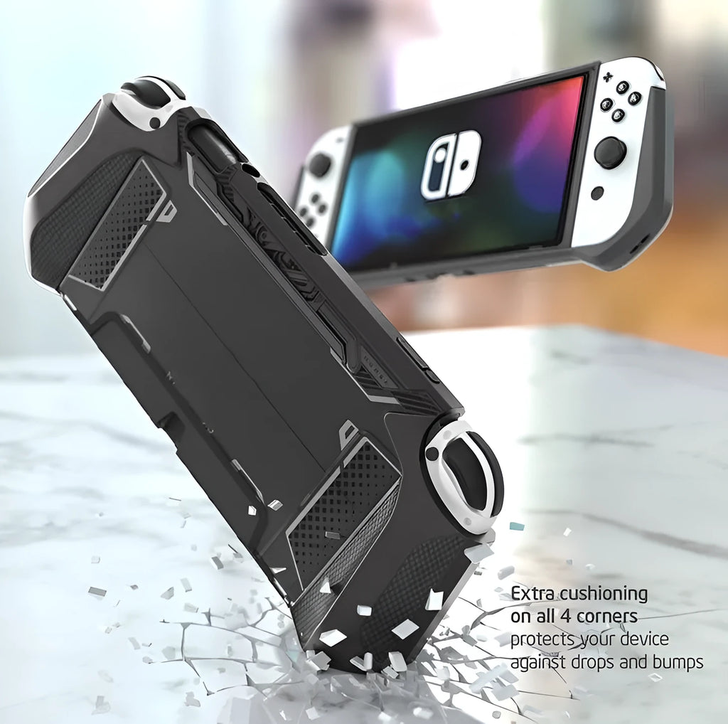 TPU protective case for Nintendo Switch OLED 2021 in various colours on a grey background.
