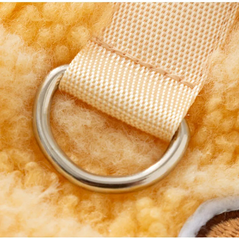 Yellow striped lambskin fleece dog clothing with bear patch and leash ring on a small dog