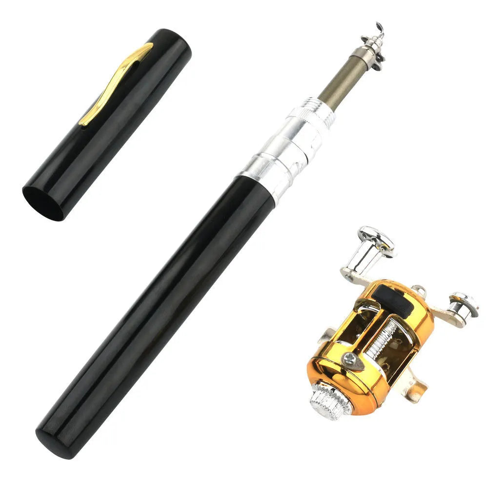 Collapsed and extended view of a gold portable telescopic pocket fishing rod kit with drum.