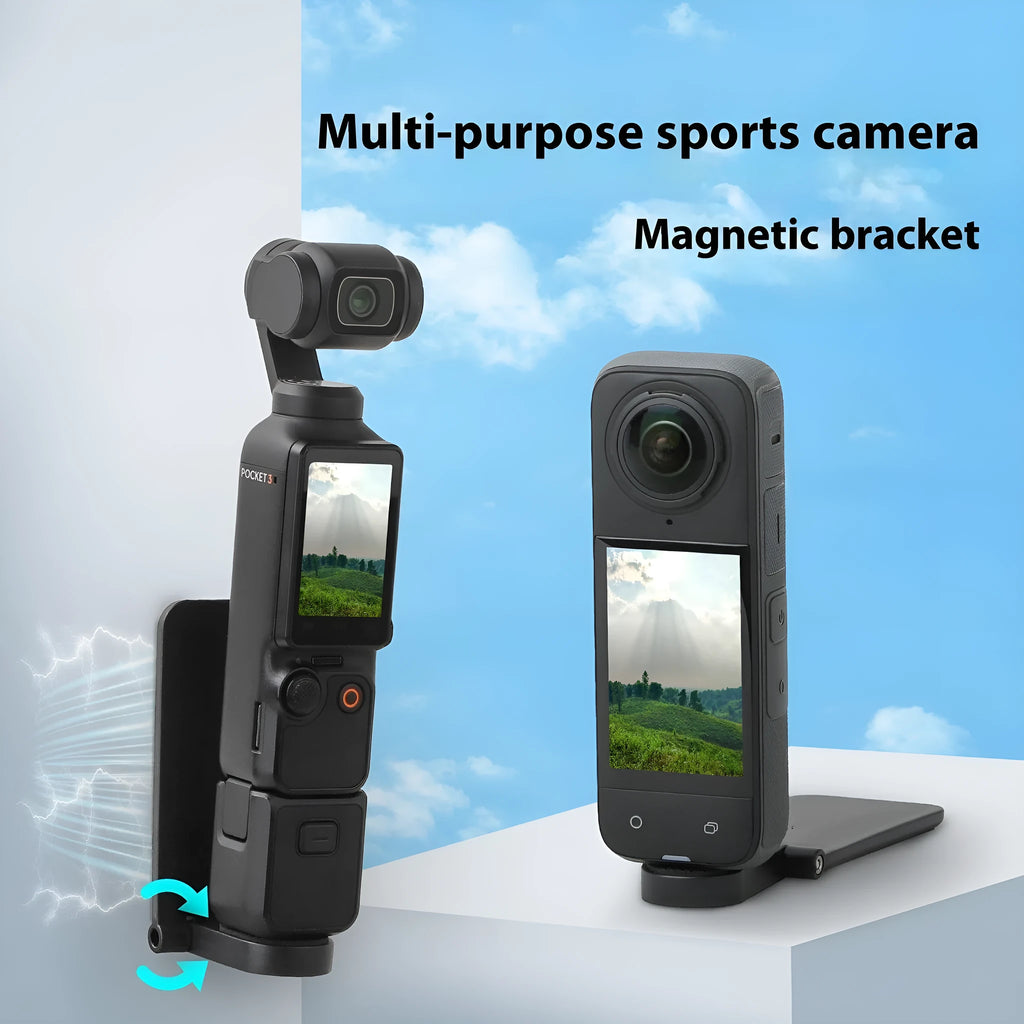 Black Insta360 X4 magnetic bracket base with adjustable angle for camera mounting
