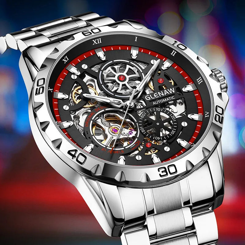 Men's automatic mechanical watch with hollow-out design showing internal mechanism and luminous hands on stainless steel bracelet