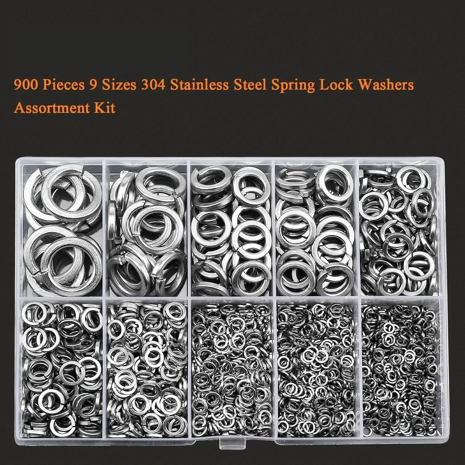Open box showing assortment of 304 stainless steel spring lock washers in various sizes on a white background.