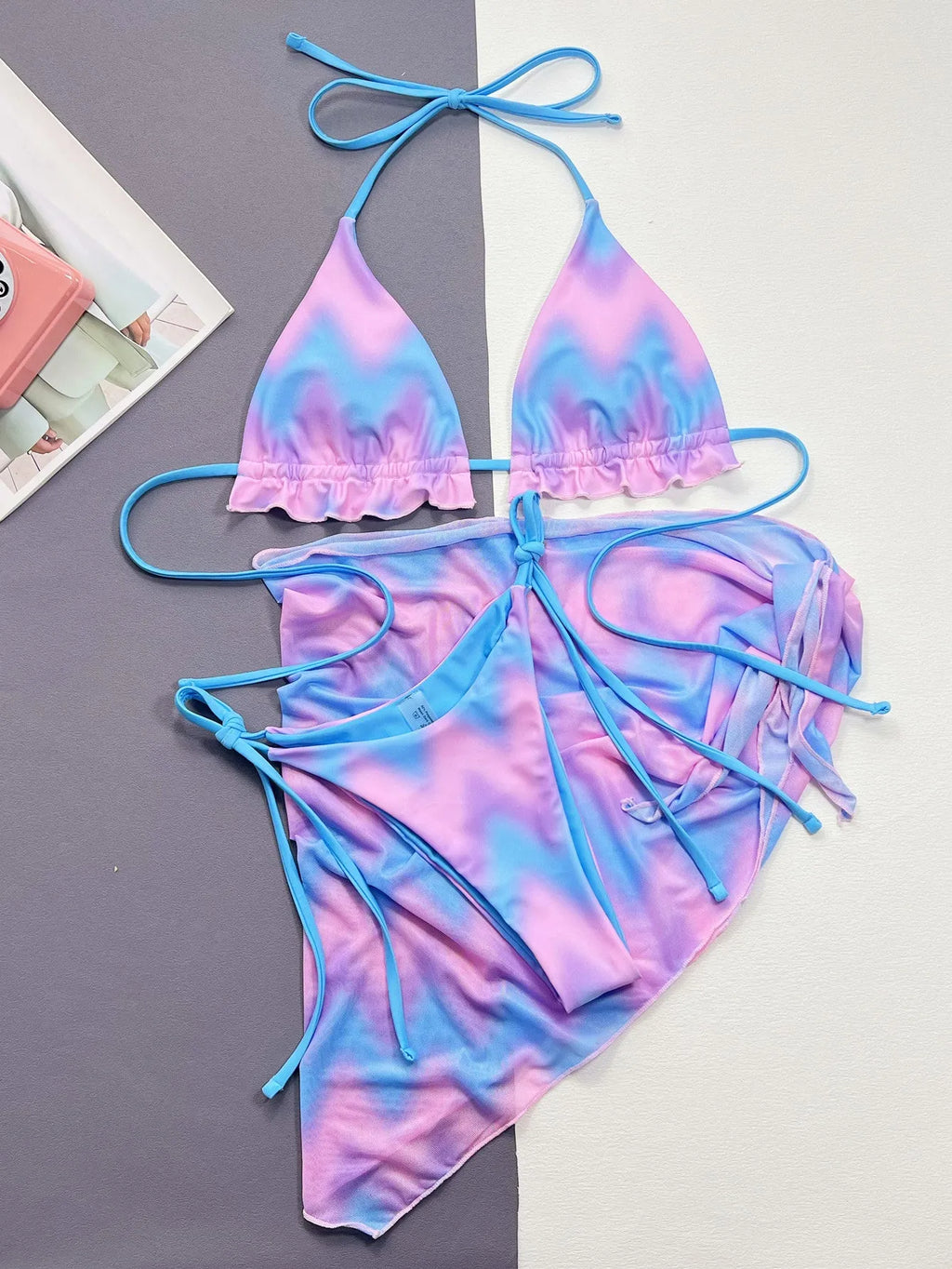 Women's tie-dye bikini swimsuit set with skirt for swimming activities