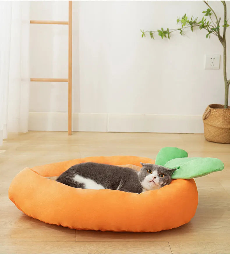 Carrot-shaped nesting dog bed for small medium pets with a removable soft blanket