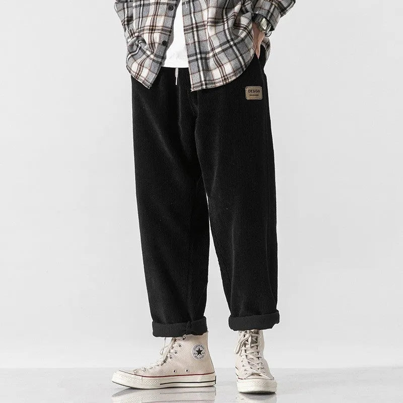 Men's loose straight corduroy sports trousers in multiple colours with mid waist design