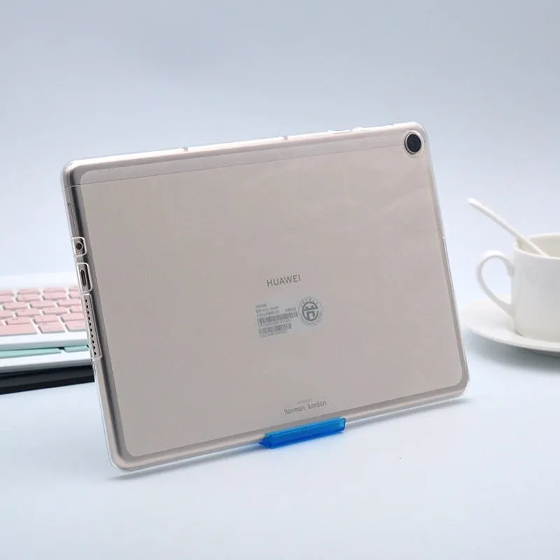 Clear white transparent ultra-thin silicone and TPU tablet protective case showing tablet through clear material