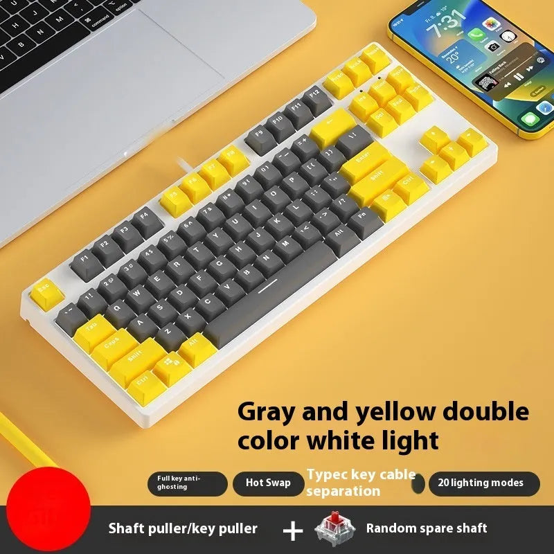 87-key wired mechanical gaming keyboard with hot-swappable switches in dual-colour keycap configuration