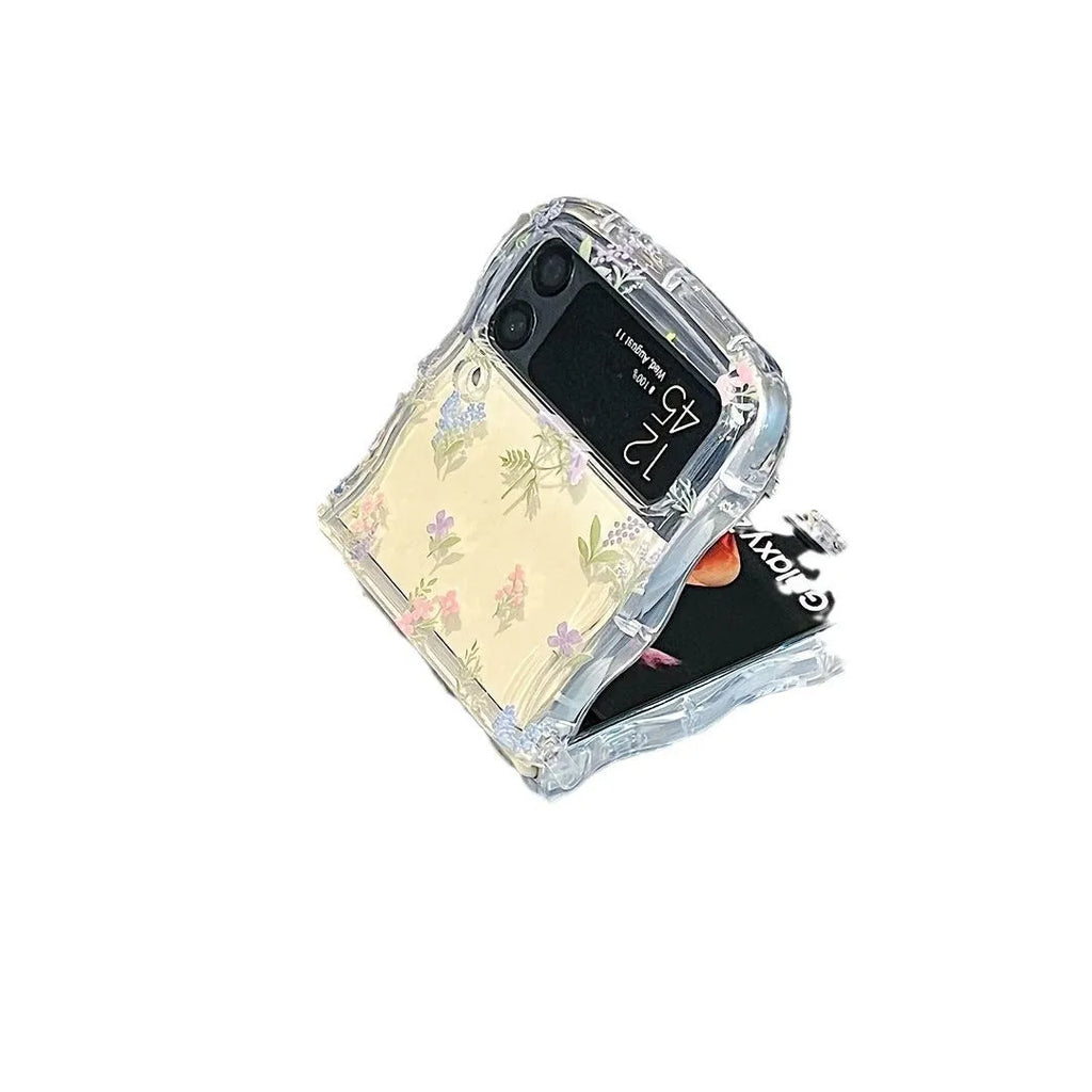 Transparent TPU folding phone case with floral puppy pattern for Samsung and other flip phones