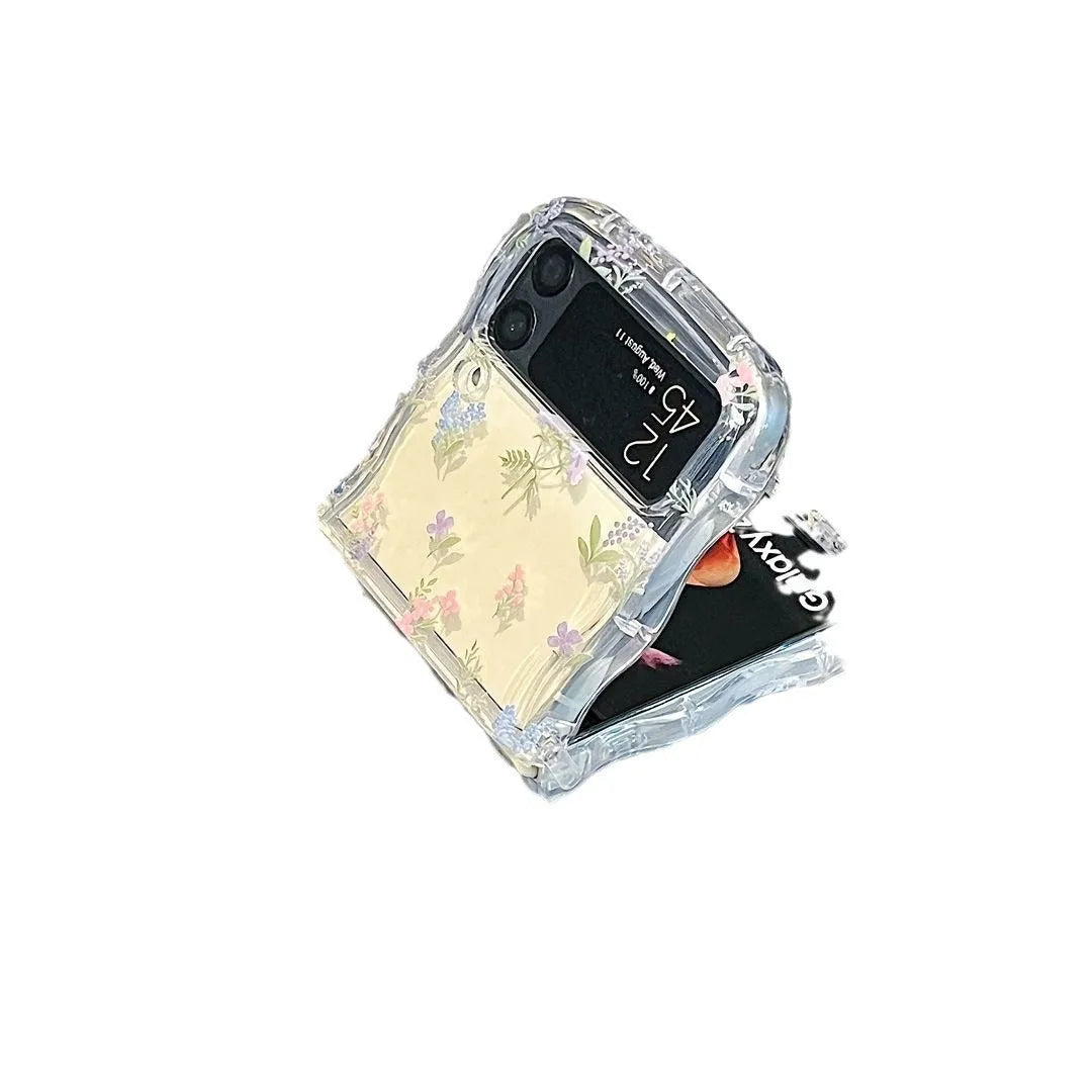 Transparent TPU folding phone case with floral puppy pattern for Samsung and other flip phones