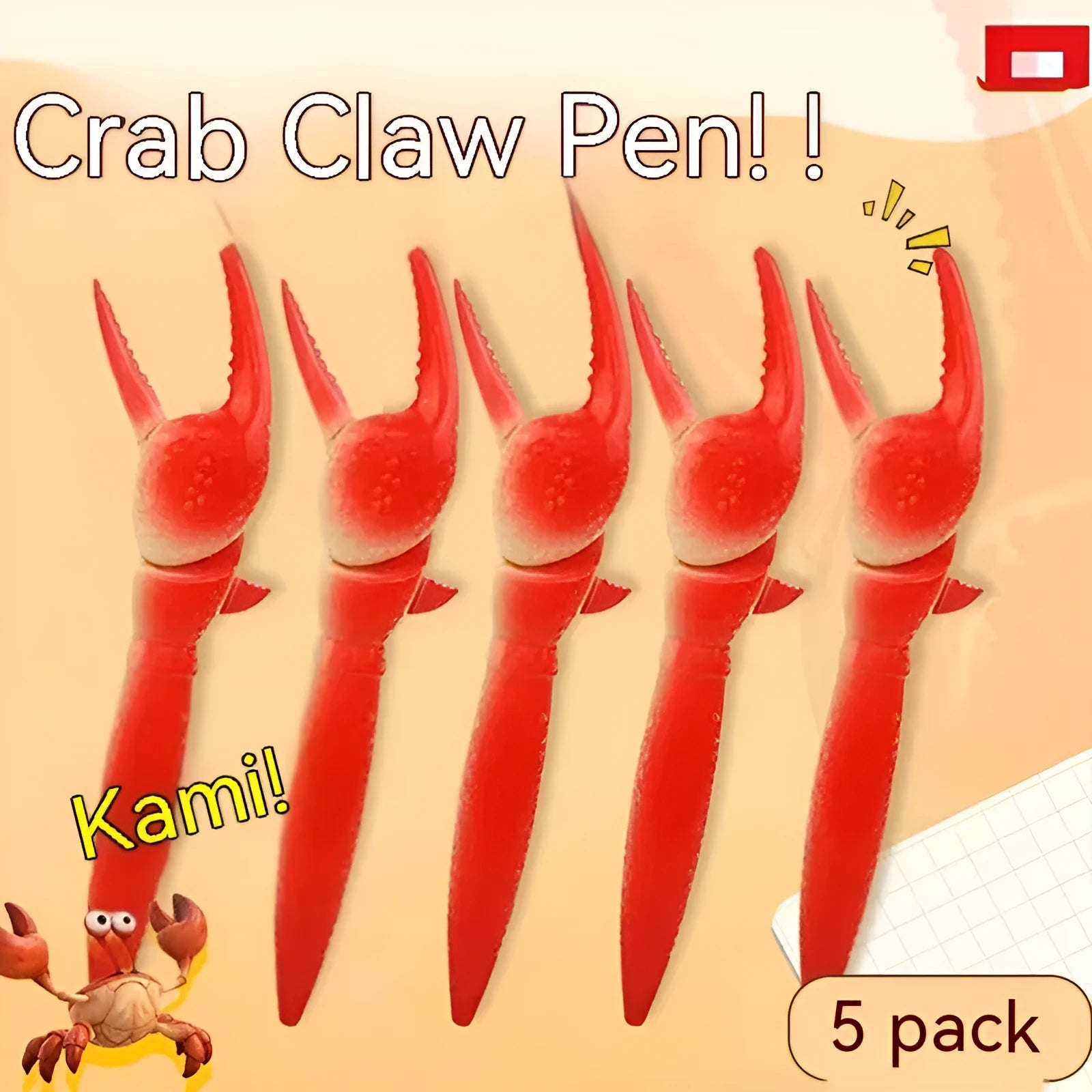 Crab-themed ballpoint pen with pressable can clip fidget mechanism