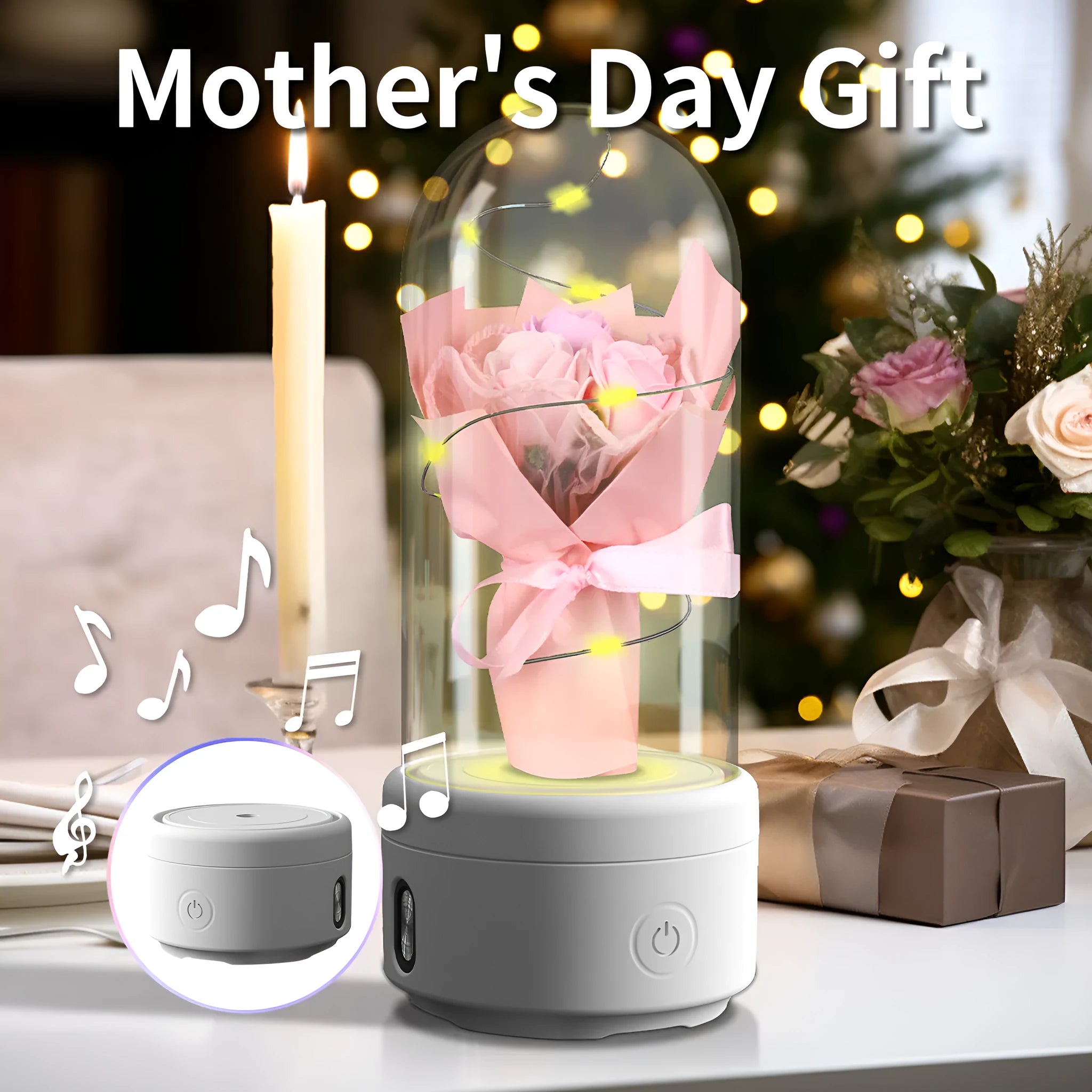 LED floral bouquet night light with Bluetooth speaker in glass cover showing multiple colour options