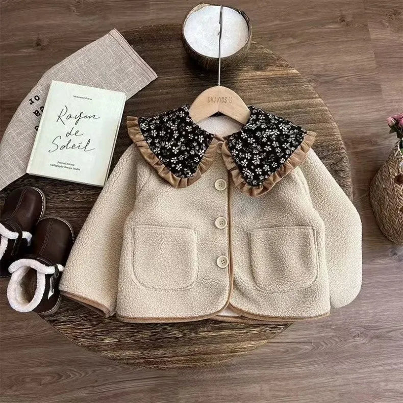 Mori style girls' fleece-lined winter coat in khaki colour for toddlers, long sleeves, polyester outer