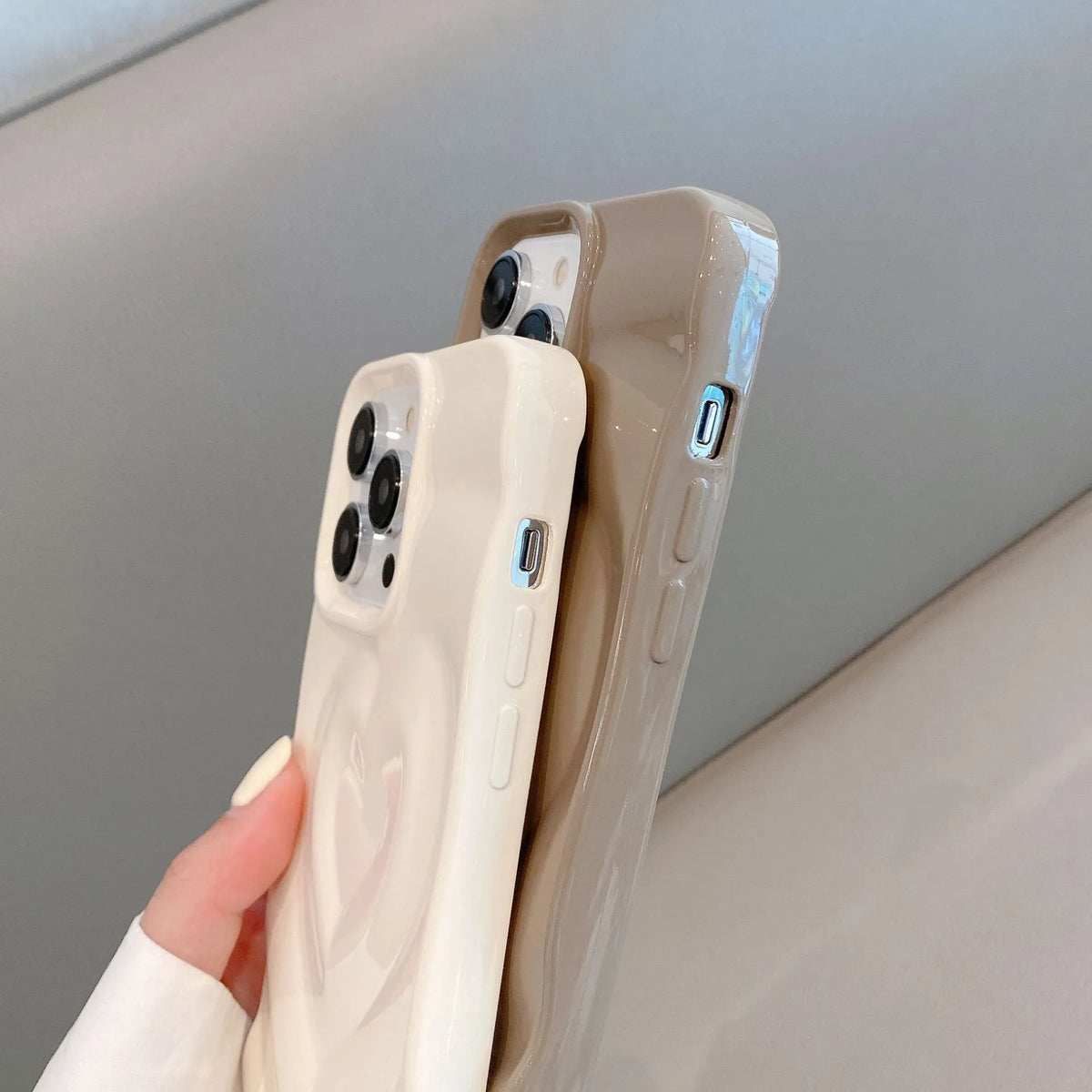 3D love wave pleated iPhone case in Milky White, TPU soft shell with shockproof, heat dissipation and anti-fingerprint features.