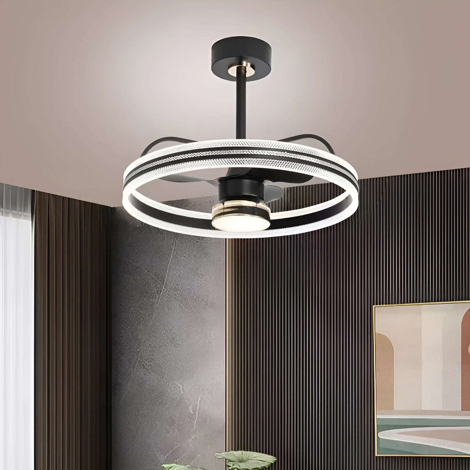 Modern black ceiling fan light with remote control and acrylic lampshade