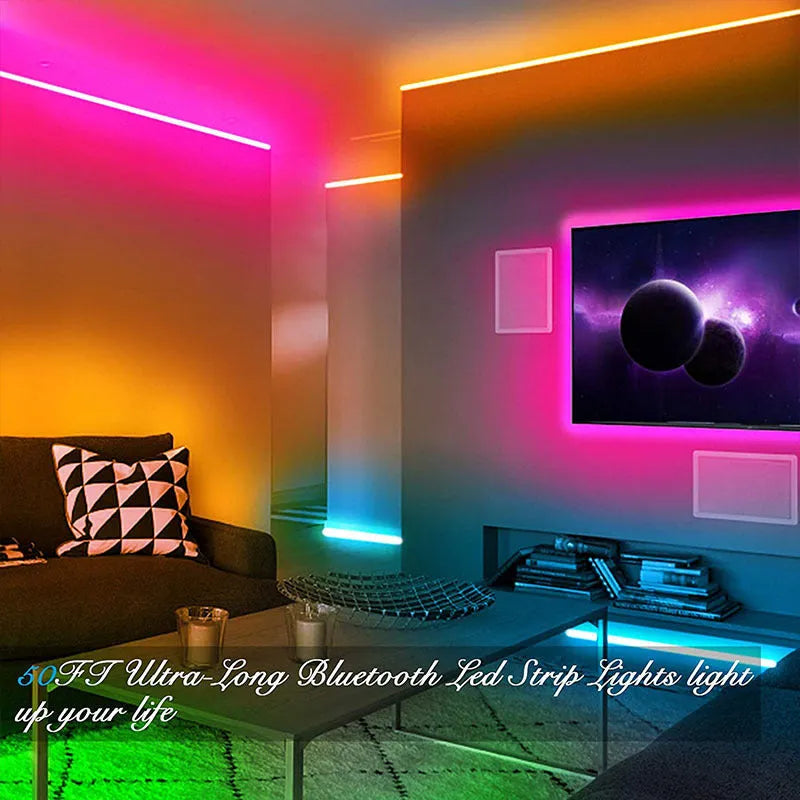 Roll of 5050 RGB LED light strip with 44-key Bluetooth remote controller on a white background.