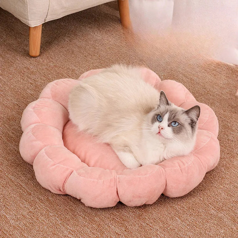 Blue half-surrounded petal-shaped pet bed for dogs and cats on a wooden floor