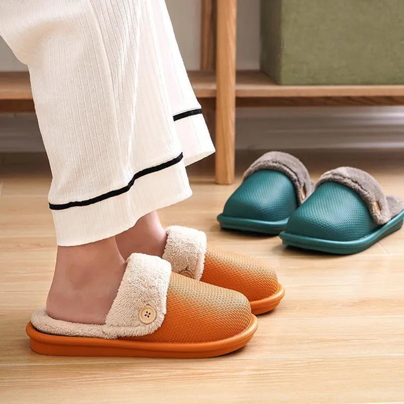 Winter home slippers for women, detachable washable, thermal insulation, stripe pattern, EVA upper, round toe, dark blue colour