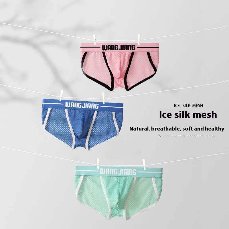 Men's black mesh triangle underwear briefs made from breathable Ice Silk nylon fabric