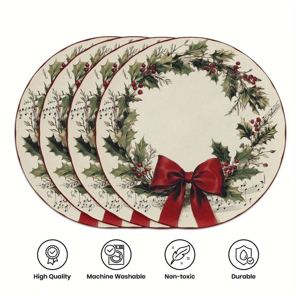 Round Christmas placemat 38x38cm polyester linen or dense hemp with festive bow holly snowflake garland design