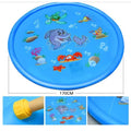 Blue PVC children's water spray play mat with marine animal designs laid flat on grass.