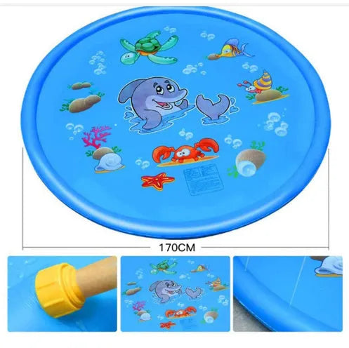 Blue PVC children's water spray play mat with marine animal designs laid flat on grass.