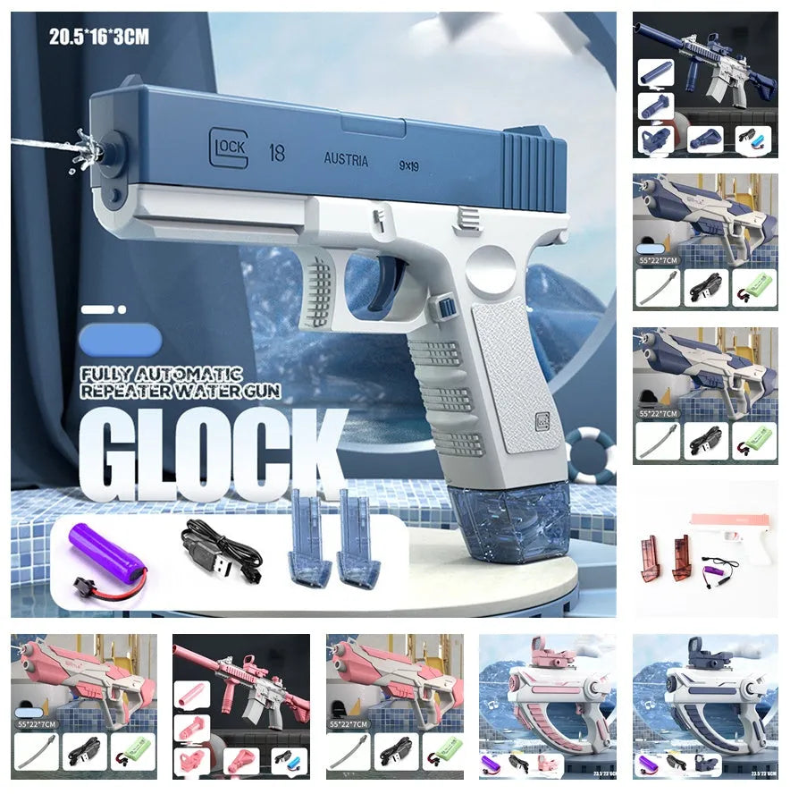 Electric automatic water gun with blue finish, 55x22x7cm, with anti-slip handle for outdoor water fights