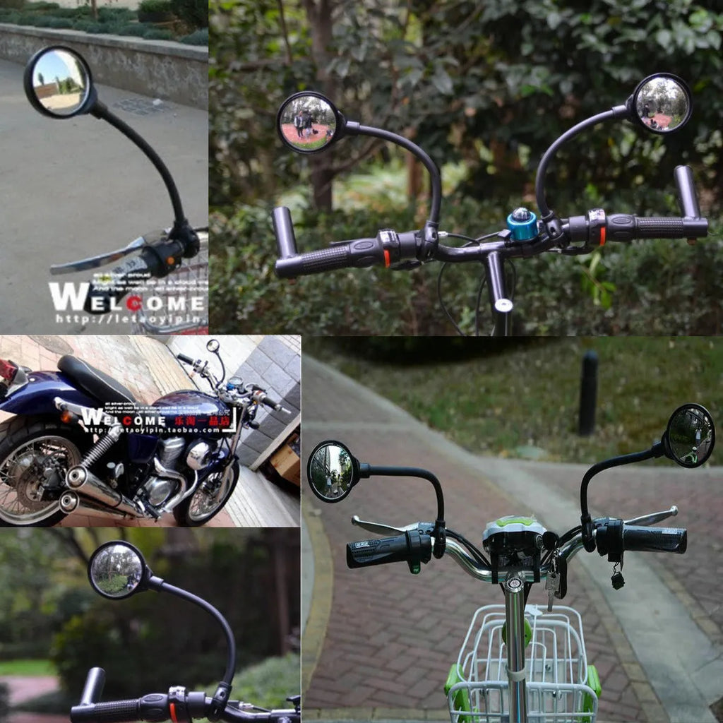 Black metal bicycle rearview mirror with adjustable hose-clamp mount and integrated reflector