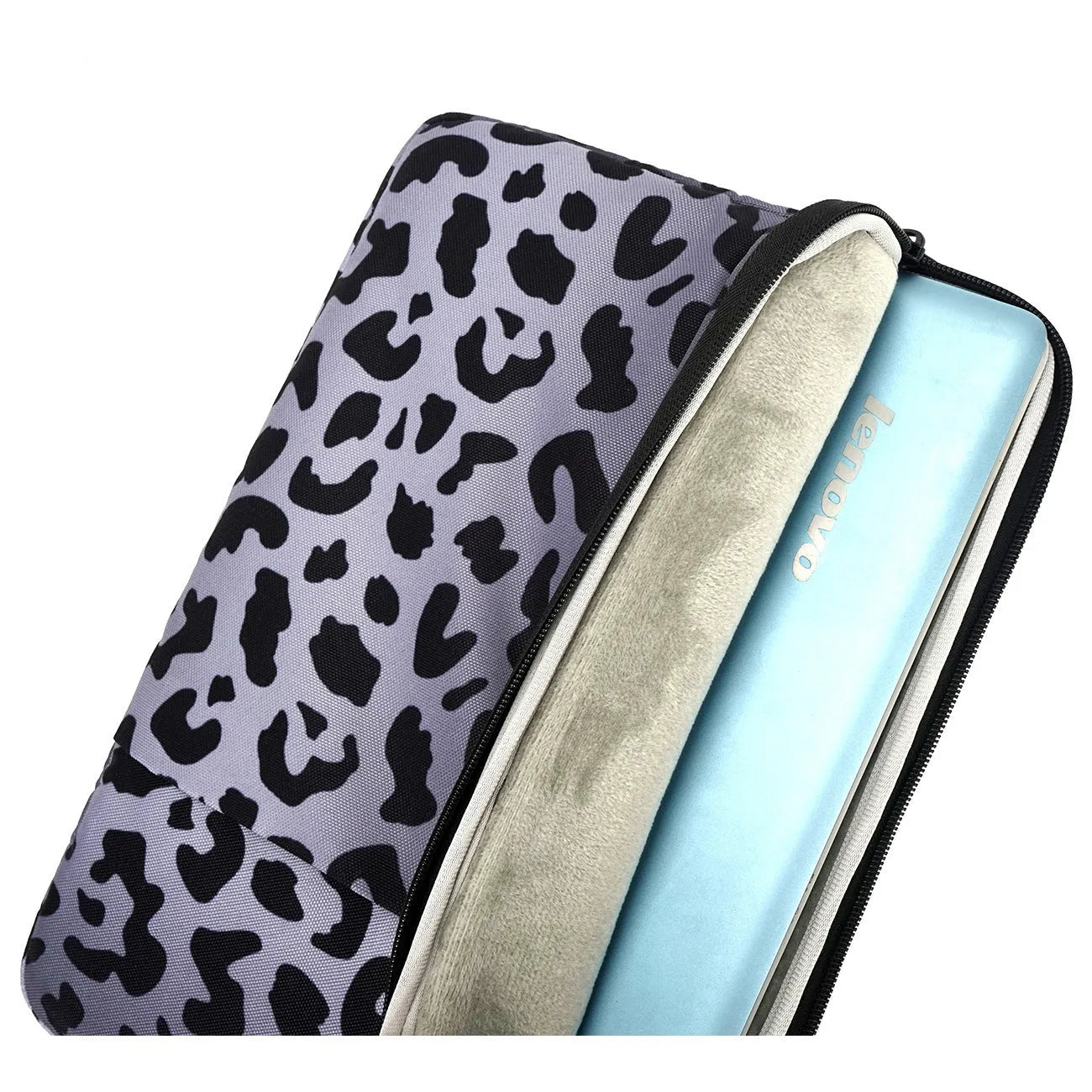 Leopard print laptop sleeve showing anti-shock flannel interior and waterproof polyester exterior for 13-16 inch laptops