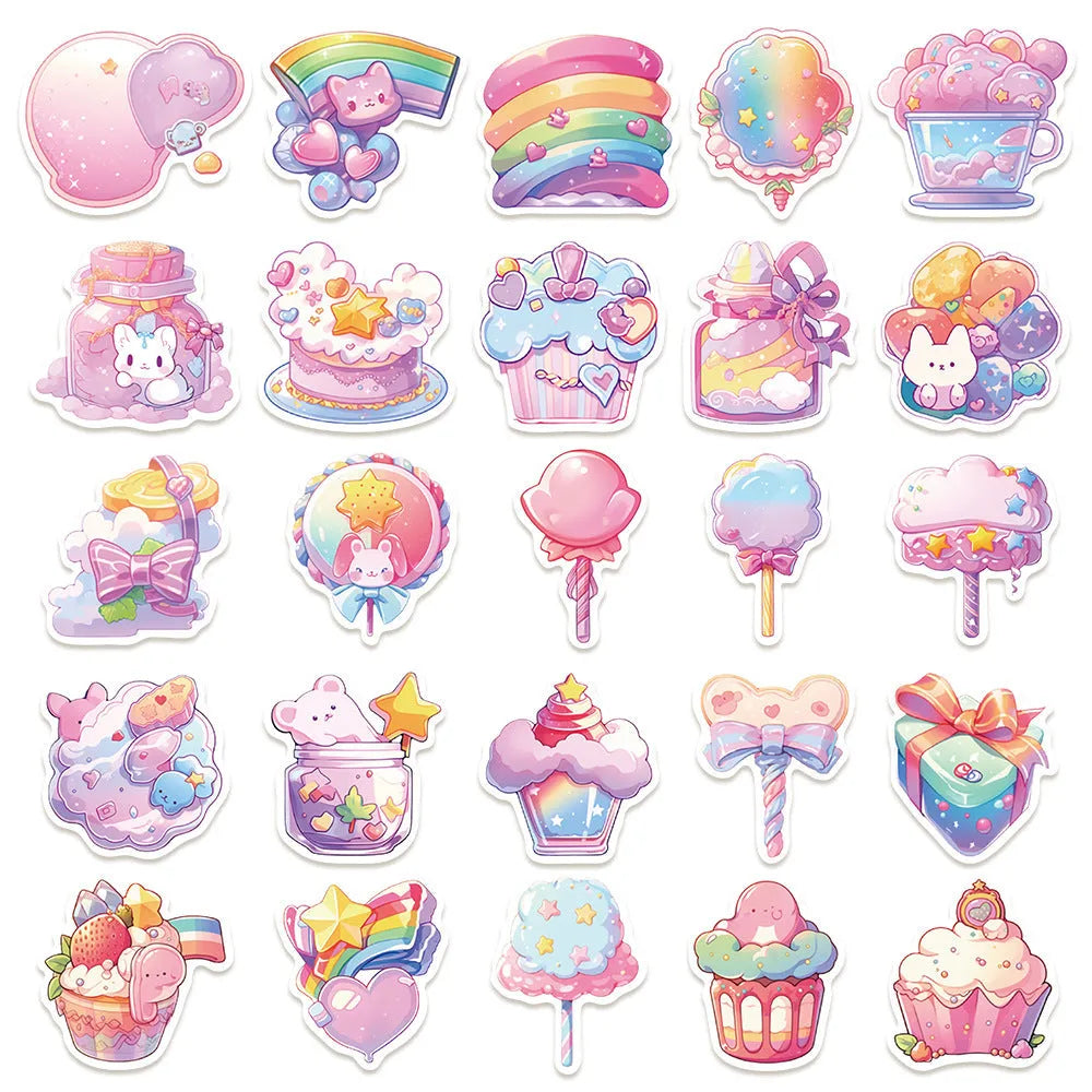 Pack of fresh candy-coloured decorative stickers with small object designs, scale showing 4-7 cm size.