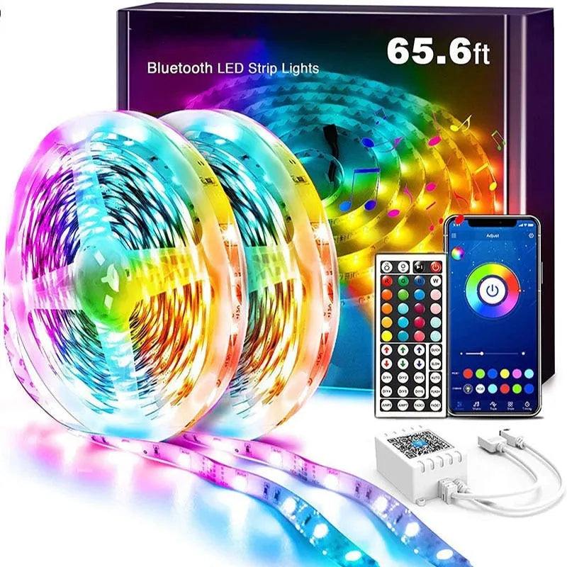 Roll of 5050 RGB LED light strip with 44-key Bluetooth remote controller on a white background.