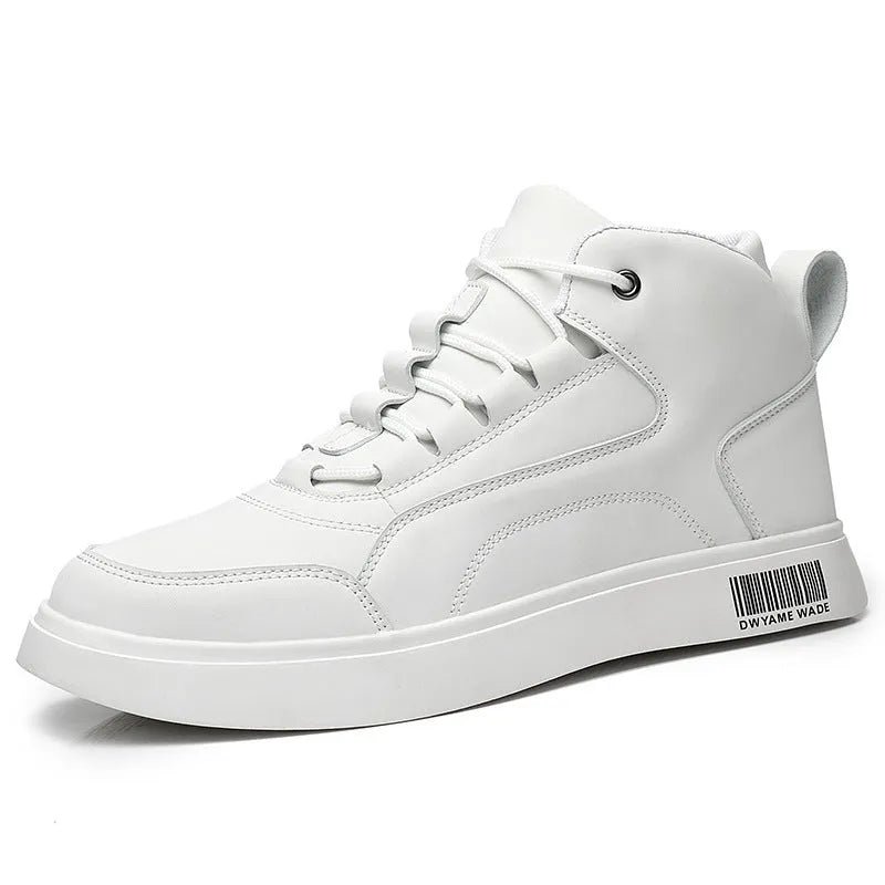 Men's white mid-top casual lace-up shoes with round toe and rubber sole.