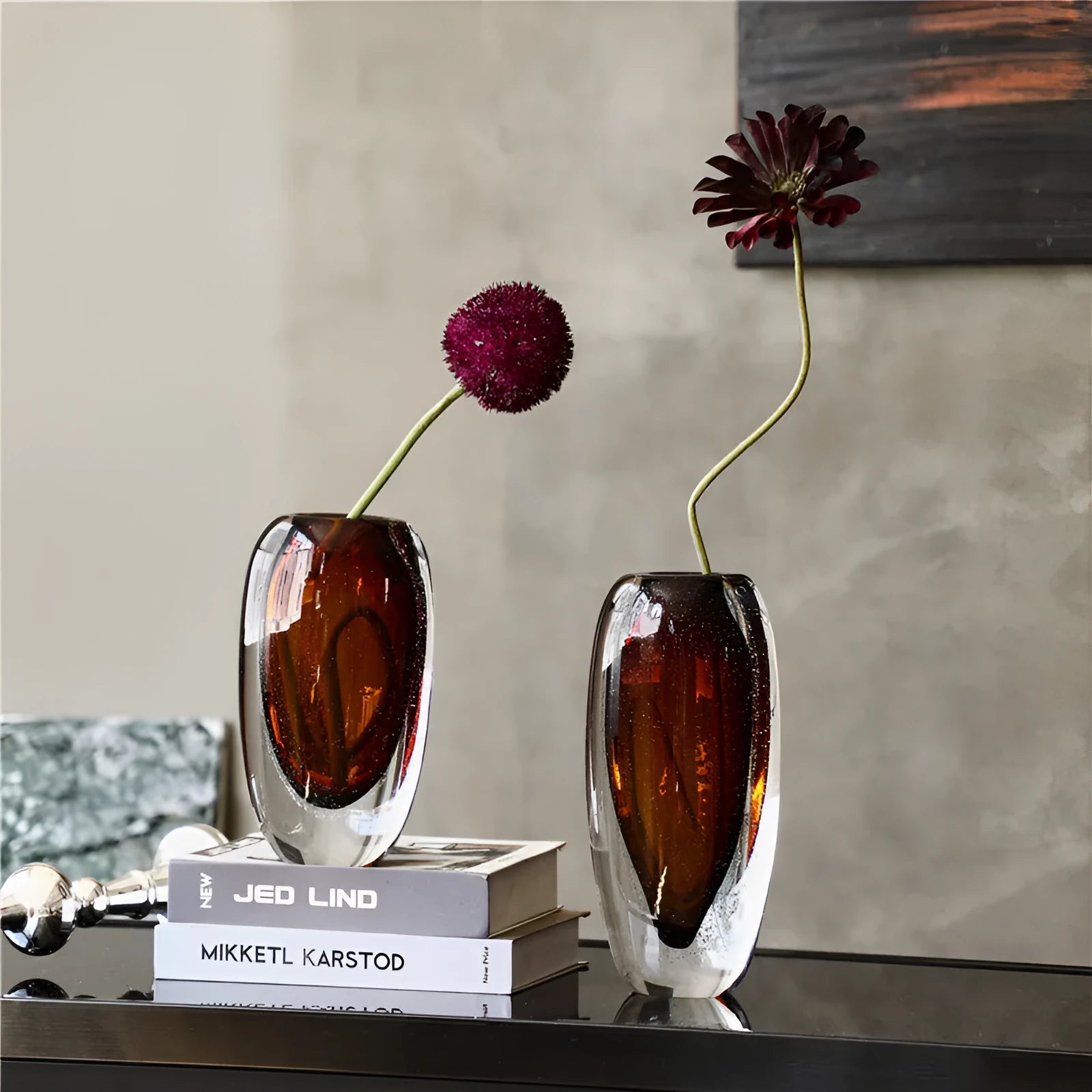 Amber glaze bubble glass vase with flat mouth and thick bottom on table
