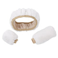 Plush car steering wheel cover set with matching handle sleeves and gear shift knob cover in beige colour