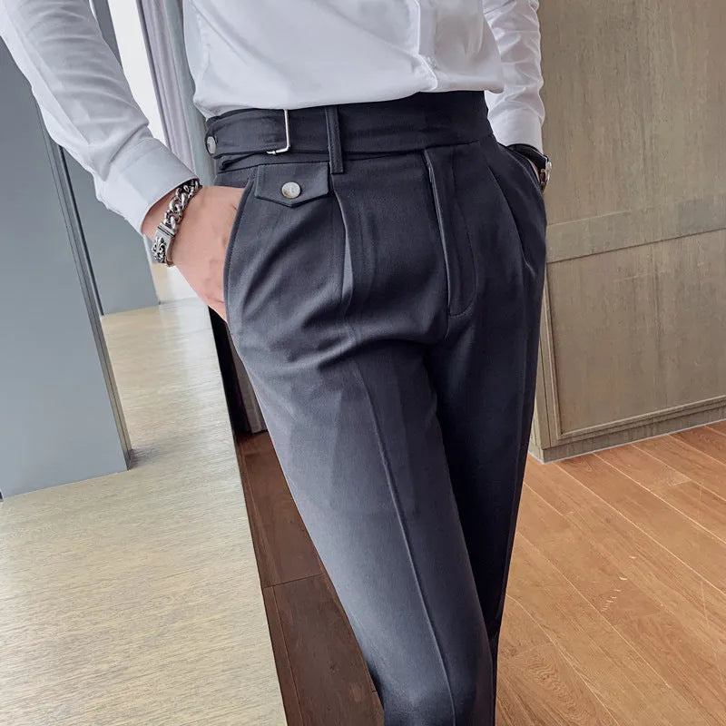 Men's straight-leg casual trousers in solid colours showing waist sizes 29-36 and polyester fabric.