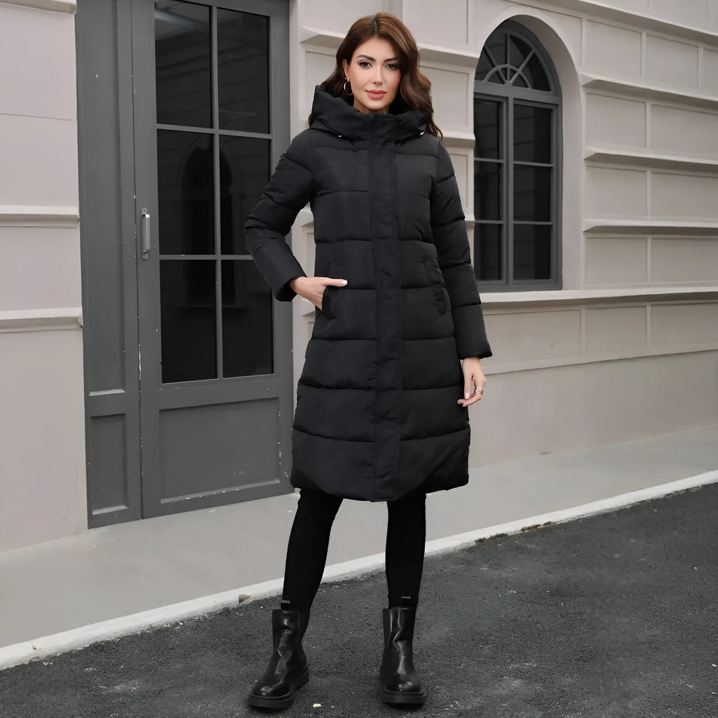 Black slim fit hooded jacket with long sleeves for cold weather protection