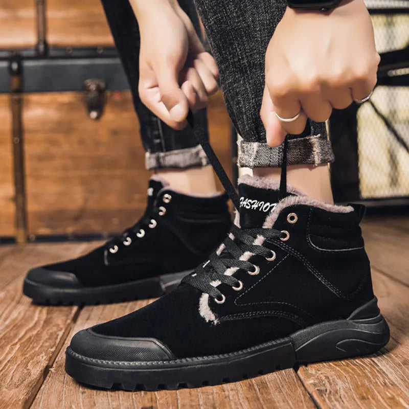 Men's winter ankle boots in matte suede with plush lining, rubber sole, and front tie closure