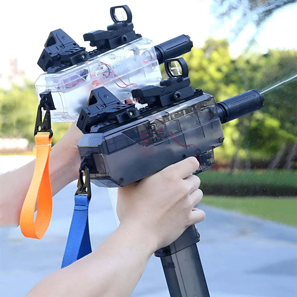 Electric children's water gun with transparent body showing water level, in blue colour with attached accessories.