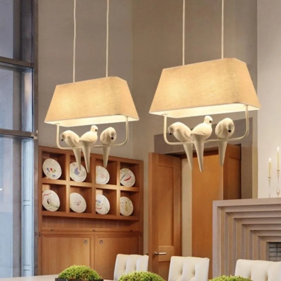 Bird chandelier ceiling lamp with fabric shade and iron frame in multiple head configurations