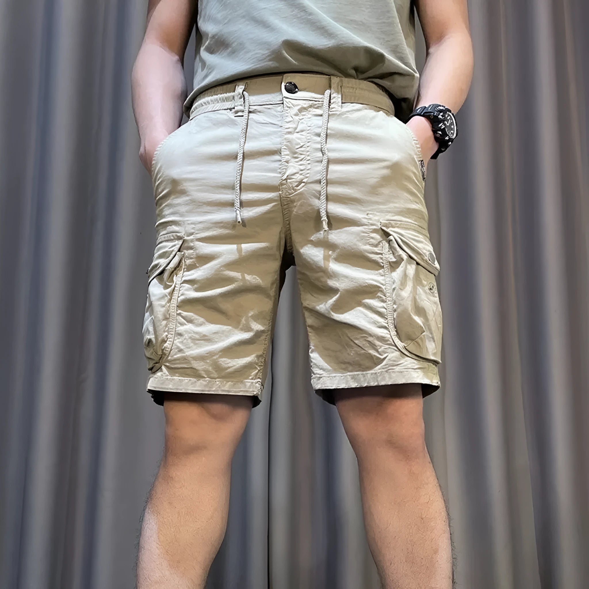 Loose straight cut casual overalls pants with multiple pockets in khaki colour.