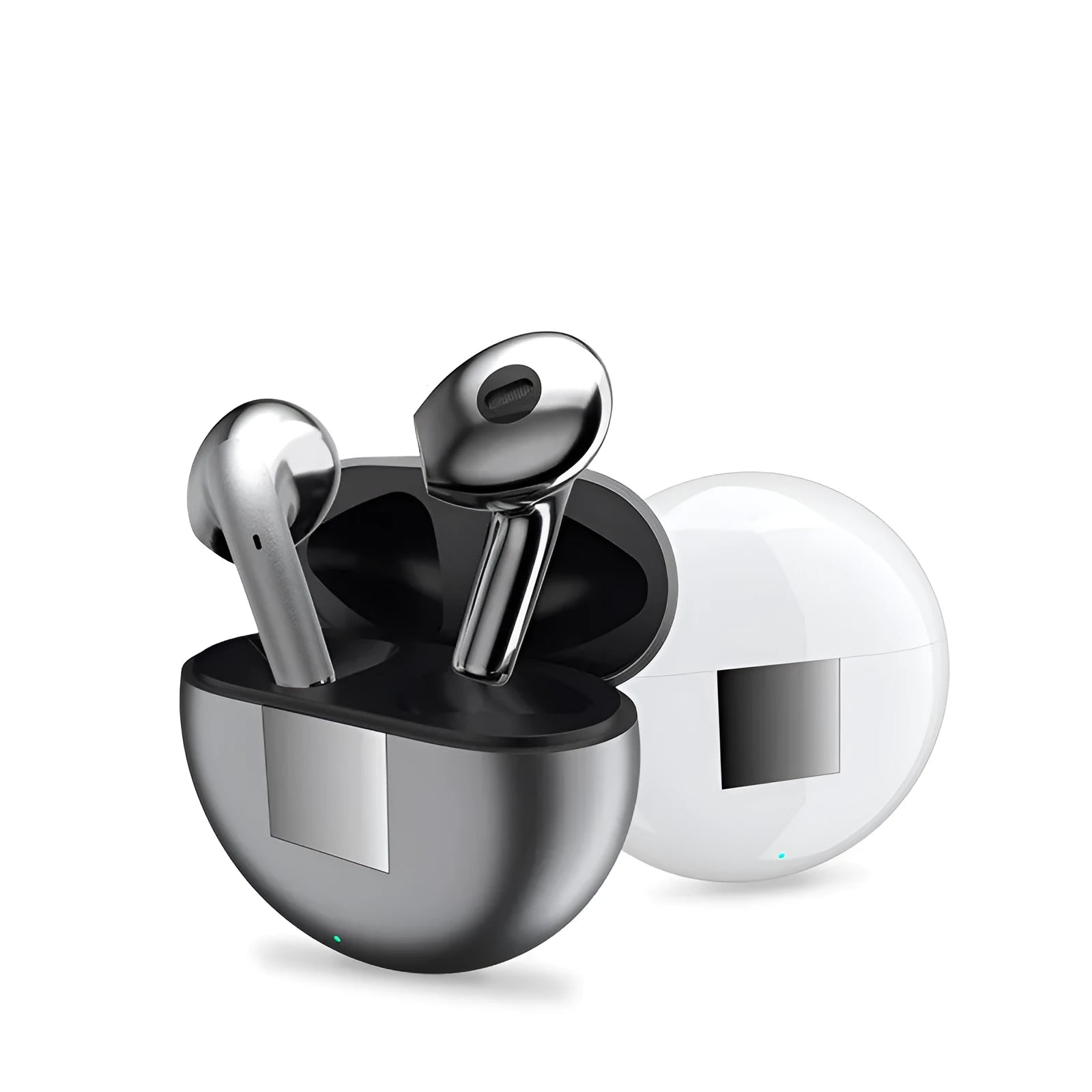 White wireless Bluetooth earbuds with a semi-in-ear design and their matching charging case on a table.