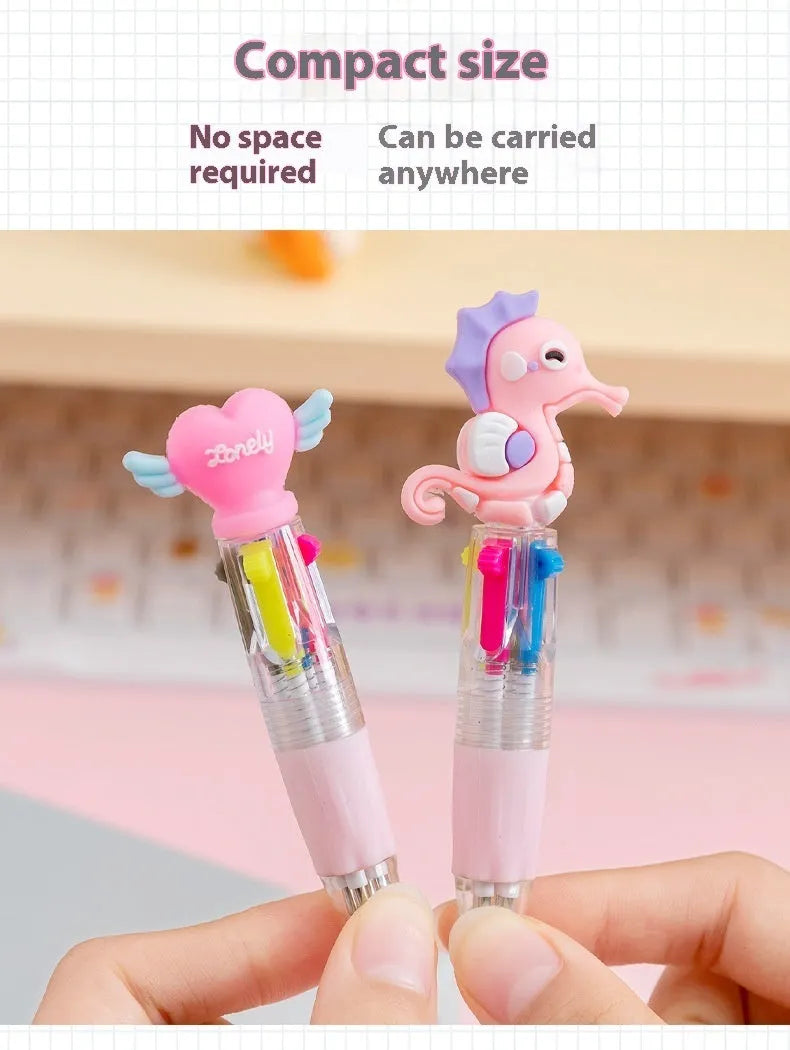 Cartoon press colour ballpoint pen with silicone grip showing four-colour mechanism and 0.7mm bullet tip