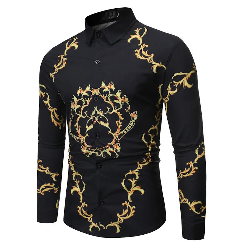 Mens long sleeve slim fit casual shirt with flower print and colour matching detail in black or navy blue