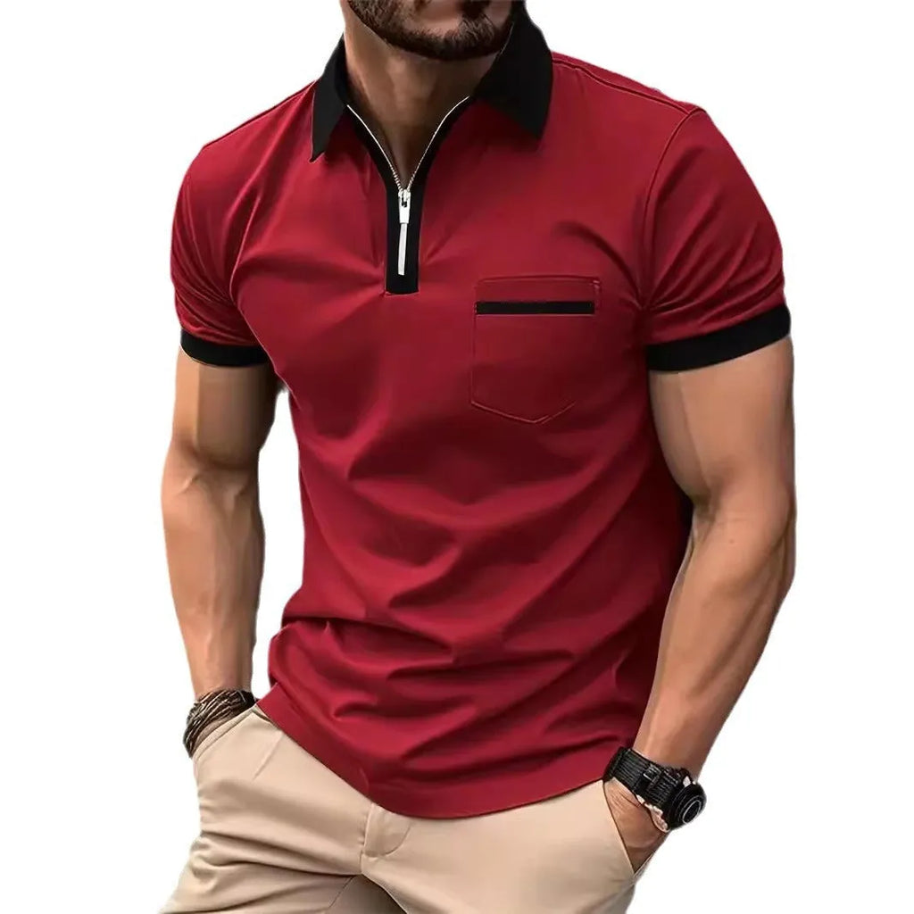 Men's loose fit short sleeve casual shirt with chest pocket and zipper detail in a two-tone colour.