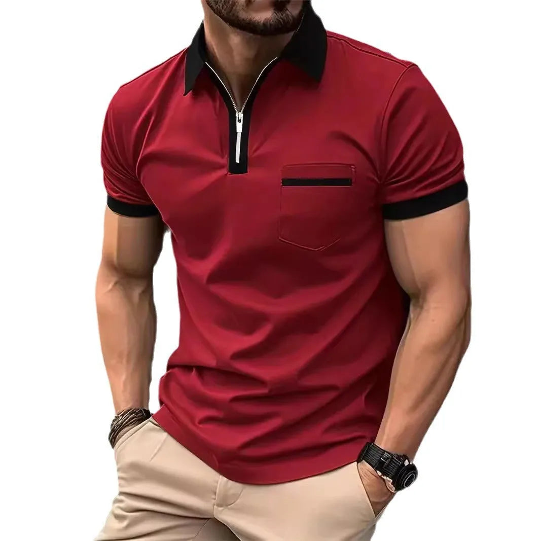 Men's loose fit short sleeve casual shirt with chest pocket and zipper detail in a two-tone colour.