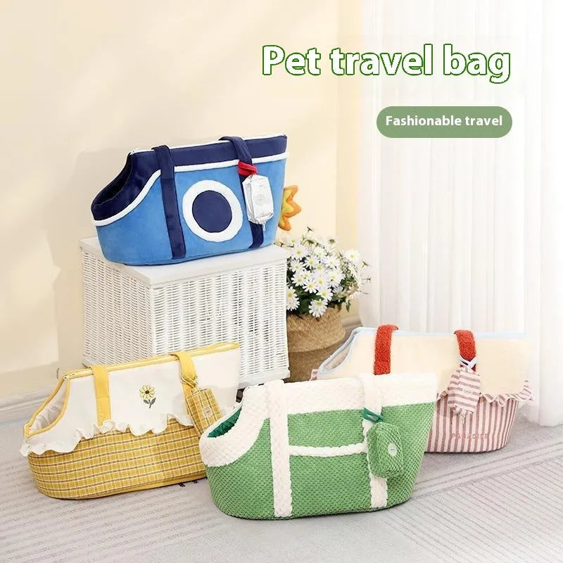 Shoulder cat bag with cartoon vertical stripes in green, red, and yellow colours for small pet transport