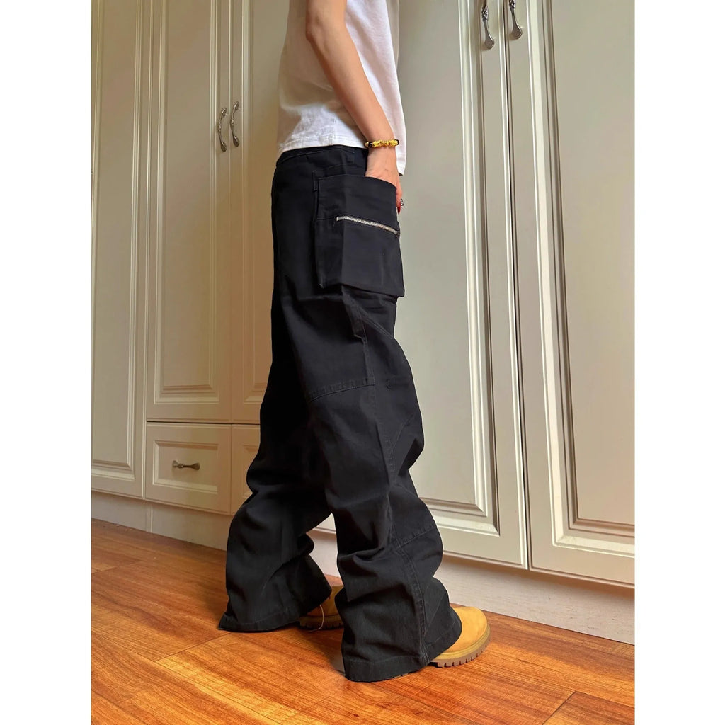 Green and black double zipper cotton casual pants with pockets in mid-waist workwear style