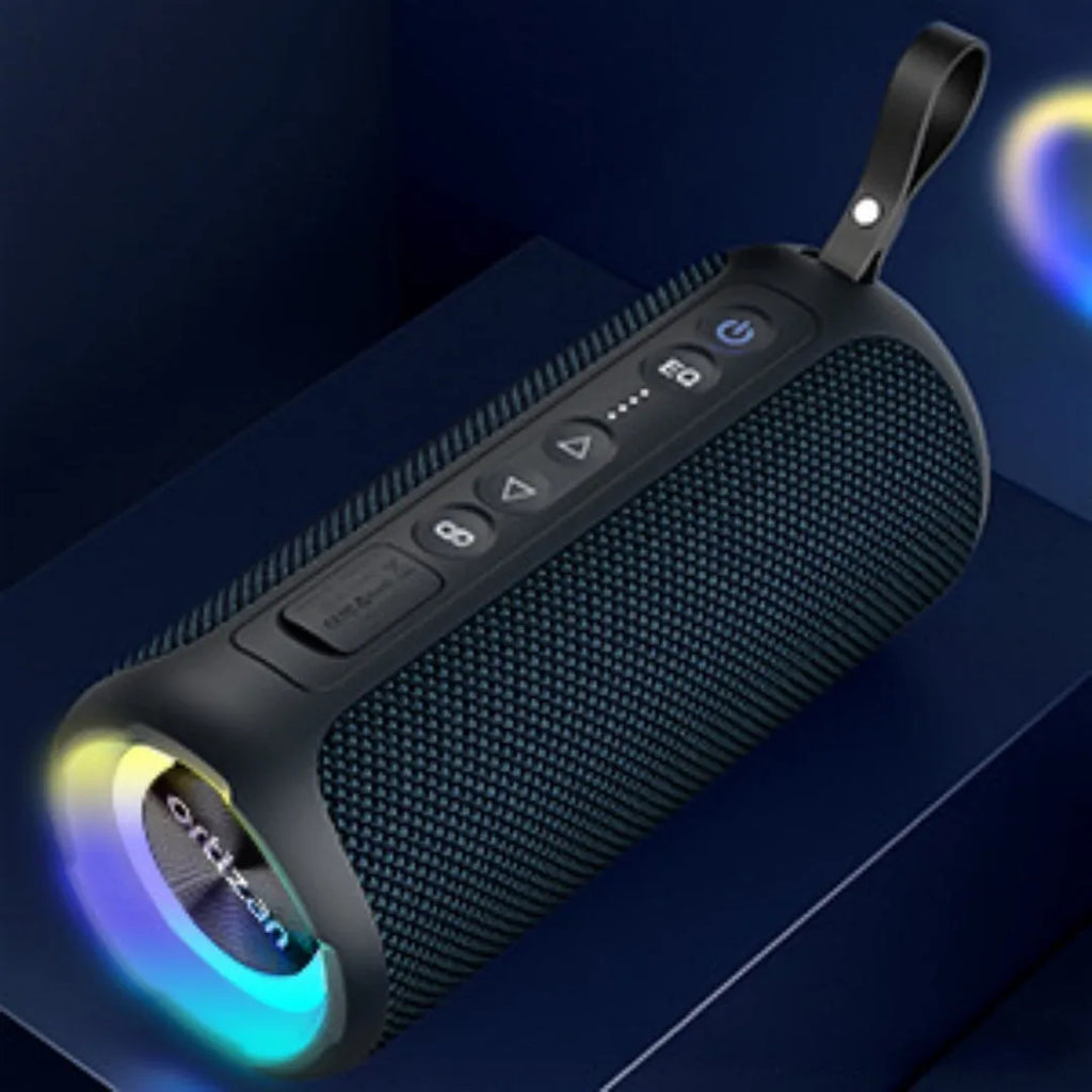 Black and blue fabric-covered wireless Bluetooth speaker with LED lights showing 40W power rating