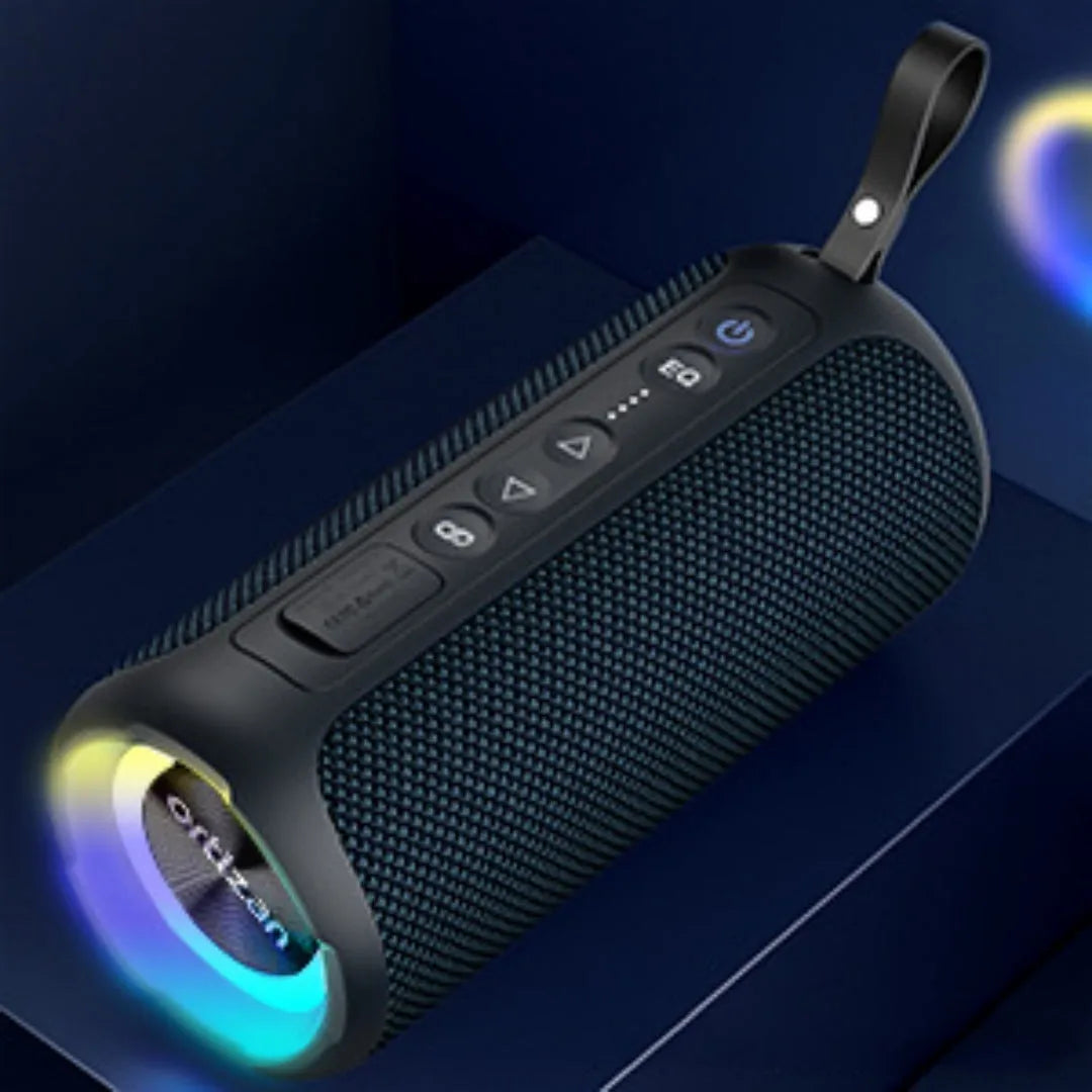 Black and blue fabric-covered wireless Bluetooth speaker with LED lights showing 40W power rating