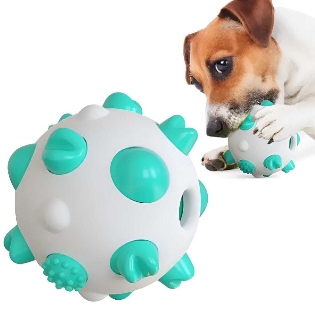 Blue, green and yellow dog teething chew ball toy with serrated bumps and hollow centre.